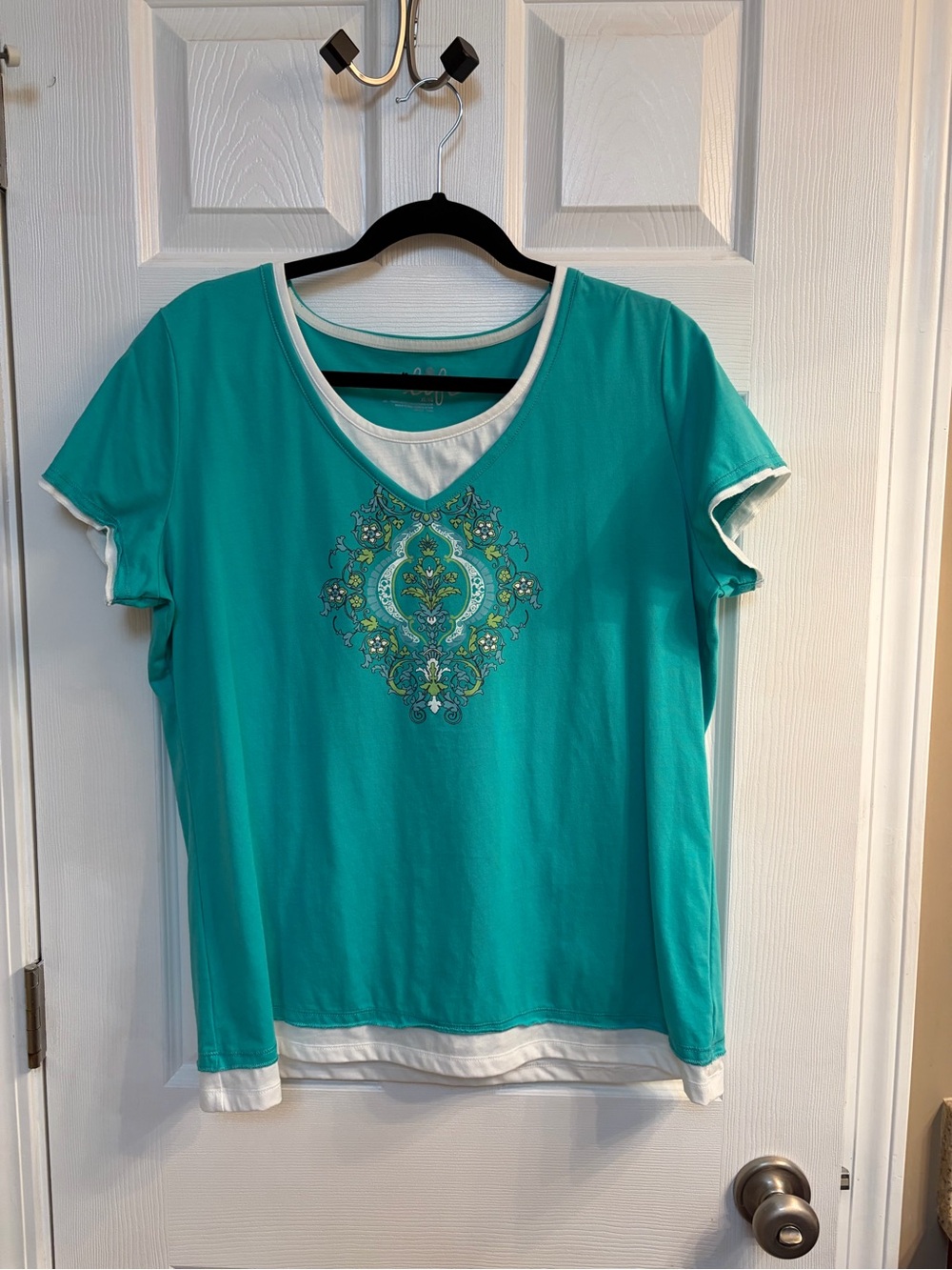 made for life Teal Layered V-Neck Short-Sleeve Top with Embroidered Medallion